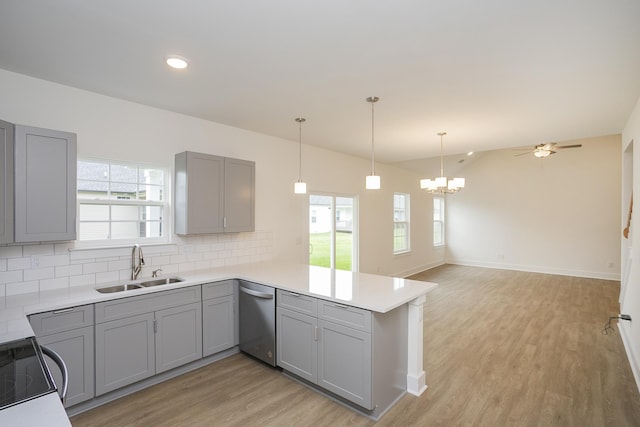 324 Fieldstone Ln, Springfield, TN 37172 - kitchen with stainless steel dishwasher, gray cabinets, a sink, a peninsula, and recessed lighting
