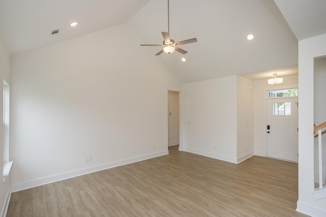 324 Fieldstone Ln, Springfield, TN 37172 - unfurnished living room featuring light wood finished floors, high vaulted ceiling, a ceiling fan, baseboards, and recessed lighting