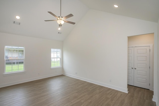 324 Fieldstone Ln, Springfield, TN 37172 - spare room with high vaulted ceiling, a ceiling fan, wood finished floors, baseboards, and recessed lighting