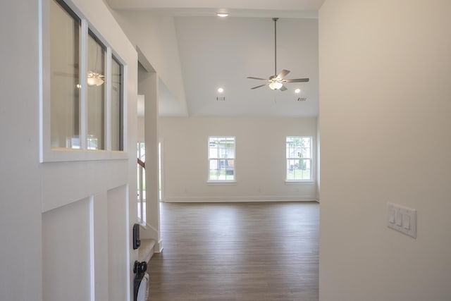 324 Fieldstone Ln, Springfield, TN 37172 - entrance foyer with dark wood finished floors, ceiling fan, high vaulted ceiling, and baseboards