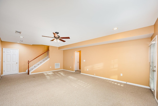 443 Lazy Creek Ln, Nashville, TN 37211 - unfurnished living room with a ceiling fan, baseboards, light carpet, stairs, and recessed lighting
