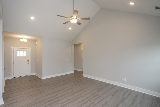 302 Fieldstone Ln, Springfield, TN 37172 - unfurnished living room with wood finished floors, high vaulted ceiling, ceiling fan, recessed lighting, and baseboards