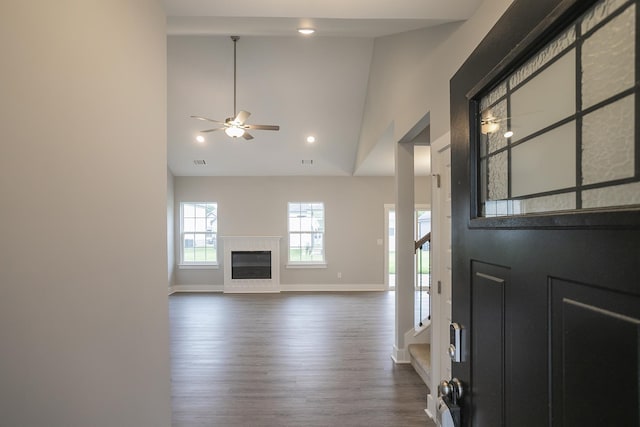 302 Fieldstone Ln, Springfield, TN 37172 - entrance foyer featuring dark wood-type flooring, baseboards, high vaulted ceiling, a ceiling fan, and recessed lighting