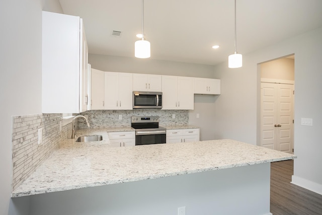 302 Fieldstone Ln, Springfield, TN 37172 - kitchen with appliances with stainless steel finishes, a sink, a peninsula, dark wood-type flooring, and decorative backsplash