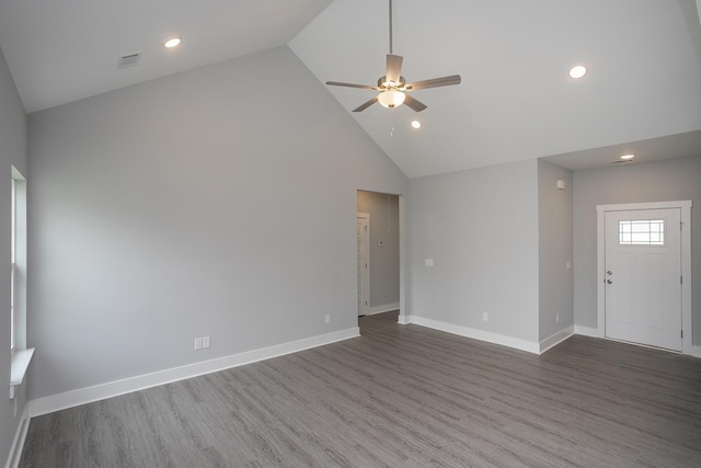 340 Fieldstone Ln, Springfield, TN 37172 - unfurnished living room with wood finished floors, high vaulted ceiling, a ceiling fan, baseboards, and recessed lighting