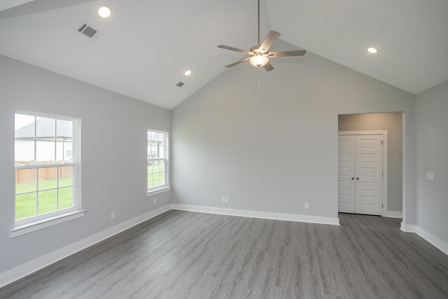 340 Fieldstone Ln, Springfield, TN 37172 - empty room featuring high vaulted ceiling, ceiling fan, wood finished floors, baseboards, and recessed lighting