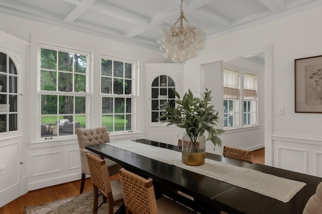 207 Cumberland Cir, Nashville, TN 37214 - dining area featuring dark wood-style floors, a chandelier, beamed ceiling, coffered ceiling, and a decorative wall