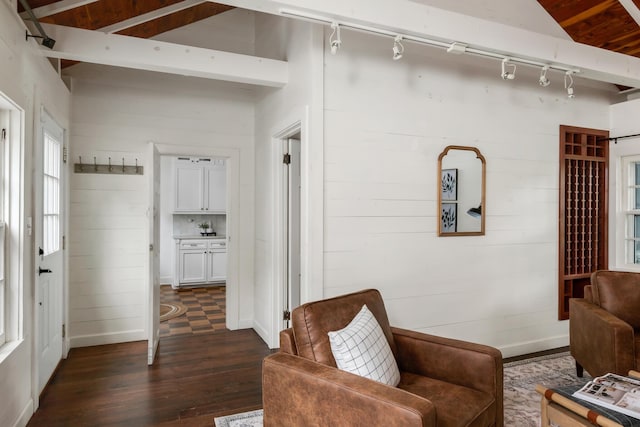 207 Cumberland Cir, Nashville, TN 37214 - sitting room featuring dark wood-type flooring, rail lighting, wood walls, and beam ceiling