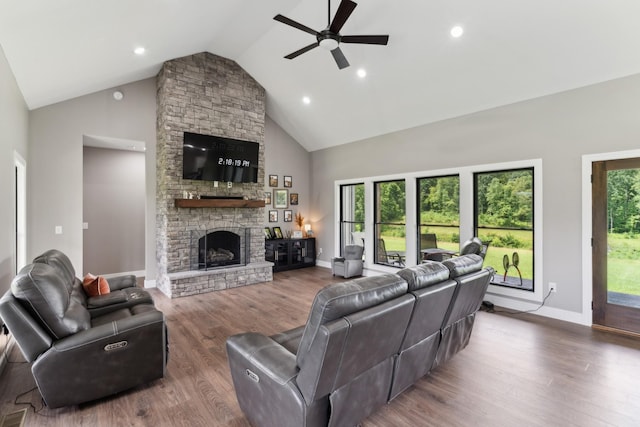 468 Olin Bean Rd, Red Boiling Springs, TN 37150 - living room featuring ceiling fan, high vaulted ceiling, baseboards, wood finished floors, and a fireplace