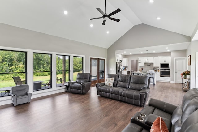 468 Olin Bean Rd, Red Boiling Springs, TN 37150 - living room featuring high vaulted ceiling, a ceiling fan, wood finished floors, and recessed lighting