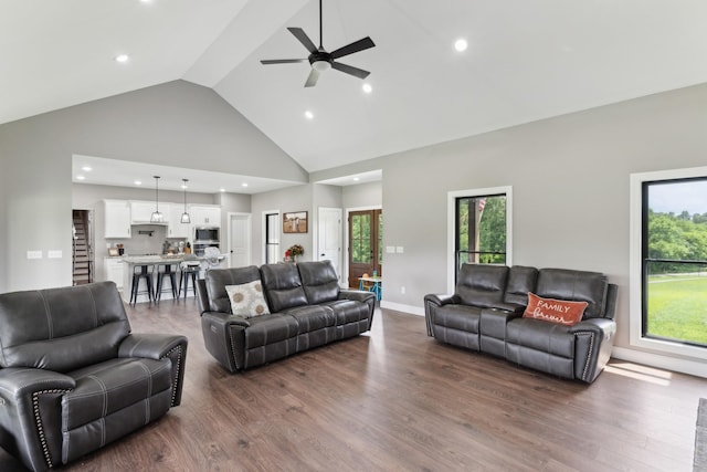 468 Olin Bean Rd, Red Boiling Springs, TN 37150 - living area featuring high vaulted ceiling, ceiling fan, recessed lighting, dark wood finished floors, and baseboards