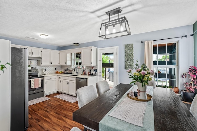304 Hank Aaron Cv, La Vergne, TN 37086 - kitchen featuring appliances with stainless steel finishes, under cabinet range hood, dark wood-style flooring, a sink, and white cabinets