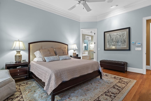 6521 Stableford Ln, Franklin, TN 37069 - bedroom featuring ornamental molding, wood finished floors, ensuite bathroom, a ceiling fan, and baseboards