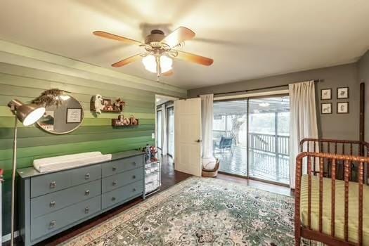 126 Harsh Ln, Castalian Springs, TN 37031 - bedroom featuring access to exterior, ceiling fan, and wood finished floors