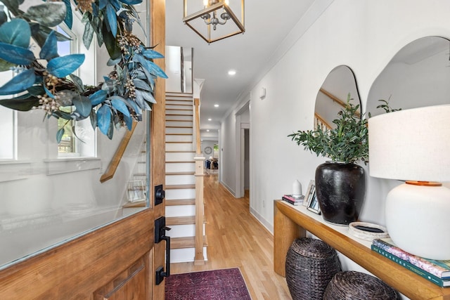 423A American Rd, Nashville, TN 37209 - entrance foyer featuring light wood-style flooring, a chandelier, stairs, recessed lighting, and baseboards