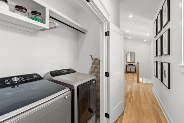 423A American Rd, Nashville, TN 37209 - washroom with washing machine and clothes dryer, light wood-style floors, recessed lighting, and baseboards