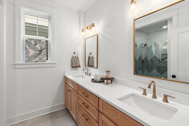 423A American Rd, Nashville, TN 37209 - full bathroom with double vanity, a shower stall, baseboards, and tile patterned floors