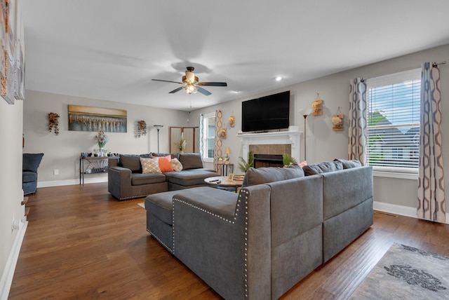 3555 Neena Ct, Clarksville, TN 37042 - living area with a fireplace, baseboards, ceiling fan, and wood finished floors