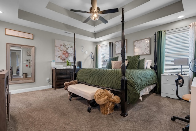 3555 Neena Ct, Clarksville, TN 37042 - carpeted bedroom featuring a tray ceiling, recessed lighting, baseboards, and a ceiling fan