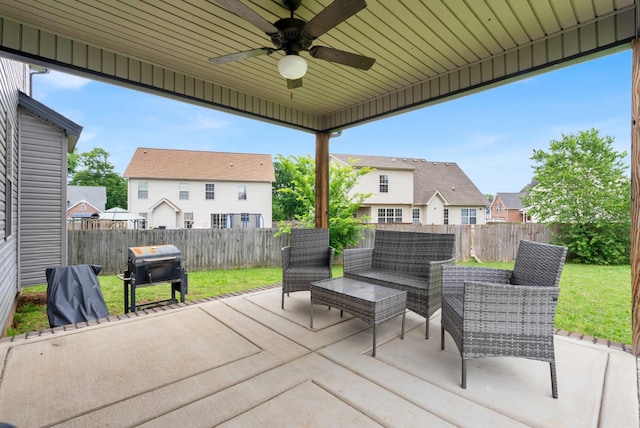 3555 Neena Ct, Clarksville, TN 37042 - fenced backyard with a residential view, a patio, a ceiling fan, and an outdoor hangout area