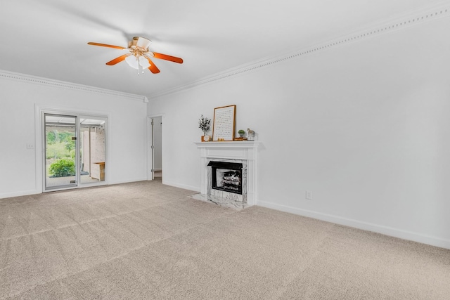 8560 Coopertown Rd, Joelton, TN 37080 - unfurnished living room featuring crown molding, carpet flooring, ceiling fan, baseboards, and a high end fireplace