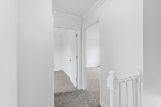 8560 Coopertown Rd, Joelton, TN 37080 - hallway with carpet flooring, an upstairs landing, crown molding, and baseboards
