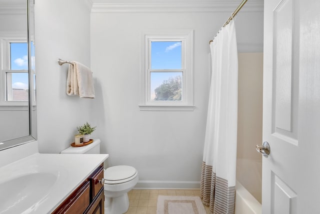 8560 Coopertown Rd, Joelton, TN 37080 - bathroom featuring vanity, toilet, crown molding, shower / tub combo with curtain, and baseboards