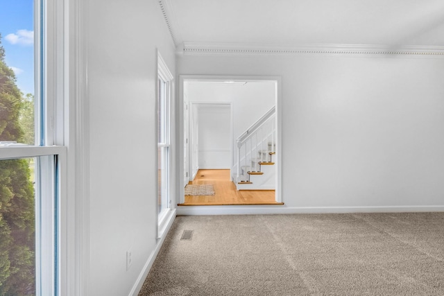 8560 Coopertown Rd, Joelton, TN 37080 - hallway with crown molding, carpet, stairway, and baseboards