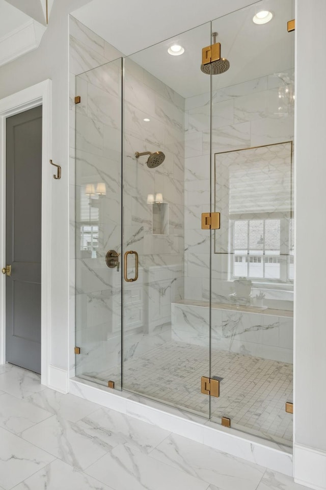 8118 Heirloom Blvd, College Grove, TN 37046 - bathroom with marble finish flooring, recessed lighting, and a marble finish shower
