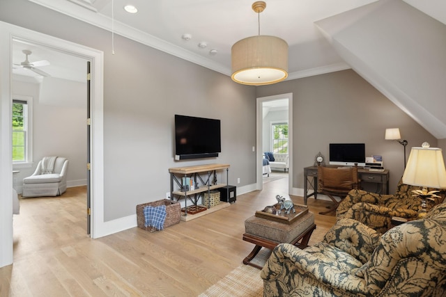 8118 Heirloom Blvd, College Grove, TN 37046 - living area with attic access, wood finished floors, a ceiling fan, baseboards, and ornamental molding