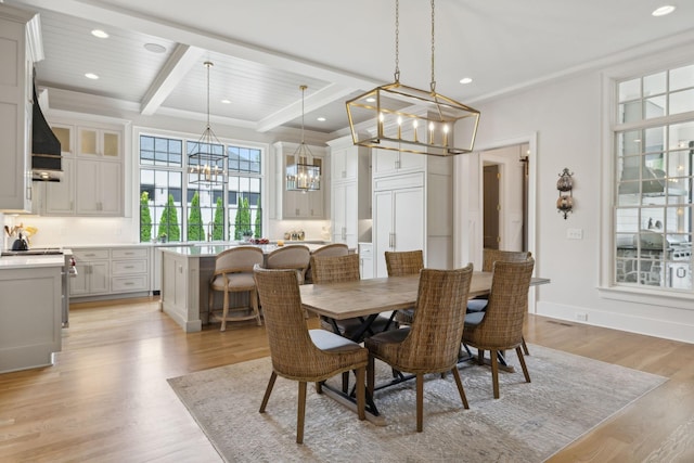8118 Heirloom Blvd, College Grove, TN 37046 - dining space featuring a chandelier, beamed ceiling, recessed lighting, light wood-type flooring, and baseboards