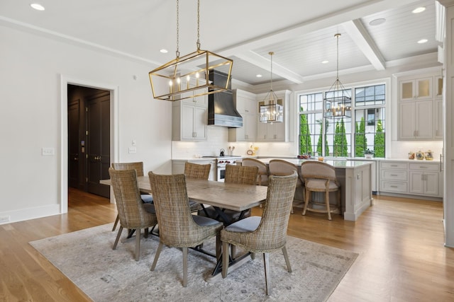 8118 Heirloom Blvd, College Grove, TN 37046 - dining area featuring a chandelier, recessed lighting, beamed ceiling, light wood-style floors, and baseboards