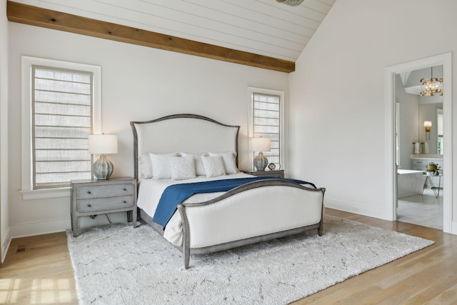 8118 Heirloom Blvd, College Grove, TN 37046 - bedroom featuring wood finished floors, vaulted ceiling, baseboards, wooden ceiling, and a chandelier