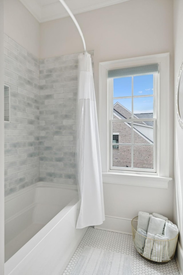 8118 Heirloom Blvd, College Grove, TN 37046 - bathroom featuring shower / tub combo, crown molding, and tile patterned floors