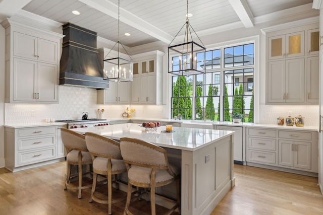 8118 Heirloom Blvd, College Grove, TN 37046 - kitchen featuring a chandelier, custom range hood, backsplash, light countertops, and a sink