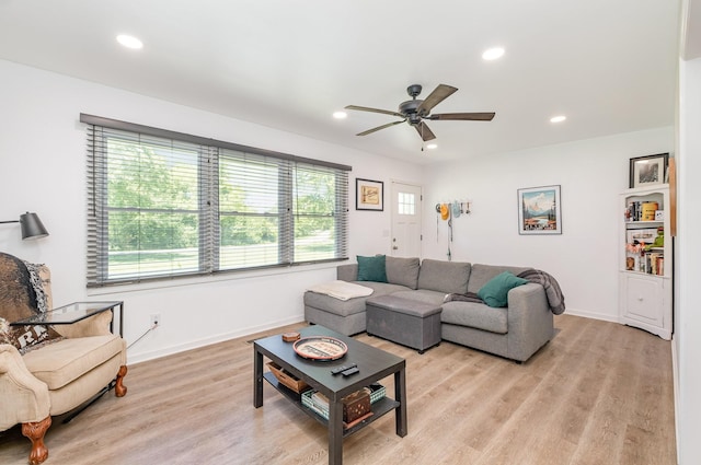 106 Aaron Dr, Burns, TN 37029 - living room with a ceiling fan, light wood-style floors, recessed lighting, and baseboards