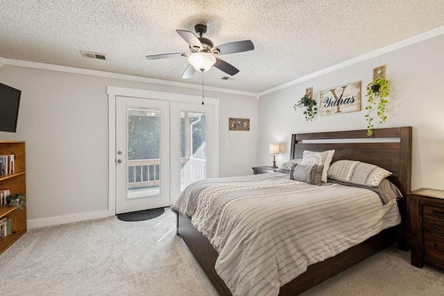 345 Big Spring Hollow Rd, Pulaski, TN 38478 - bedroom featuring access to outside, light carpet, crown molding, a textured ceiling, and a ceiling fan