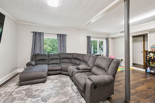 345 Big Spring Hollow Rd, Pulaski, TN 38478 - living area with a textured ceiling, plenty of natural light, wood finished floors, baseboards, and crown molding