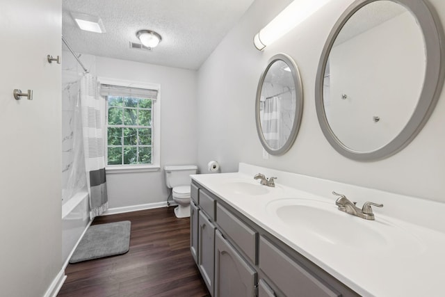 345 Big Spring Hollow Rd, Pulaski, TN 38478 - bathroom featuring double vanity, baseboards, toilet, wood finished floors, and a textured ceiling
