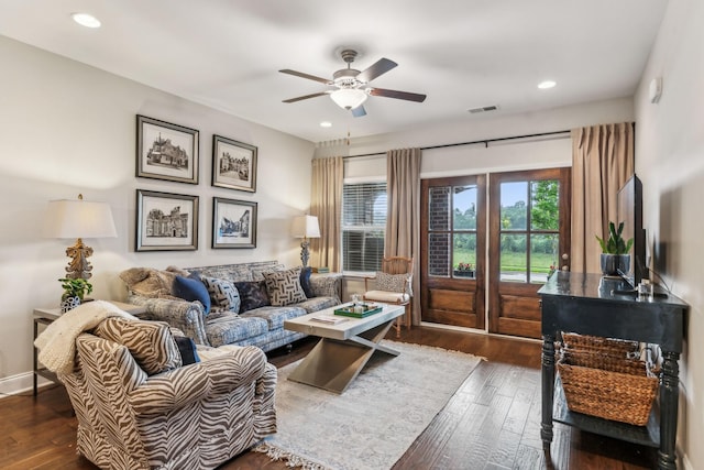 2037 Flowing Creek Dr, Franklin, TN 37064 - living area with a ceiling fan, dark wood-style floors, and recessed lighting