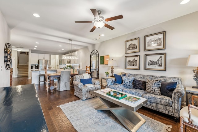 2037 Flowing Creek Dr, Franklin, TN 37064 - living area featuring a ceiling fan, recessed lighting, dark wood-type flooring, and stairs
