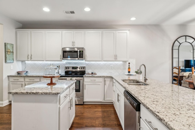 2037 Flowing Creek Dr, Franklin, TN 37064 - kitchen featuring stainless steel appliances, a sink, dark wood-type flooring, white cabinets, and recessed lighting
