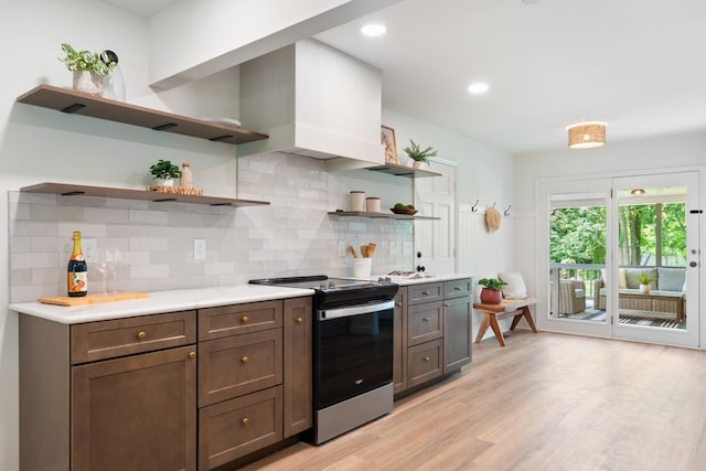 4900 Chesterfield Dr, Murfreesboro, TN 37127 - kitchen featuring open shelves, range with electric cooktop, light countertops, decorative backsplash, and recessed lighting