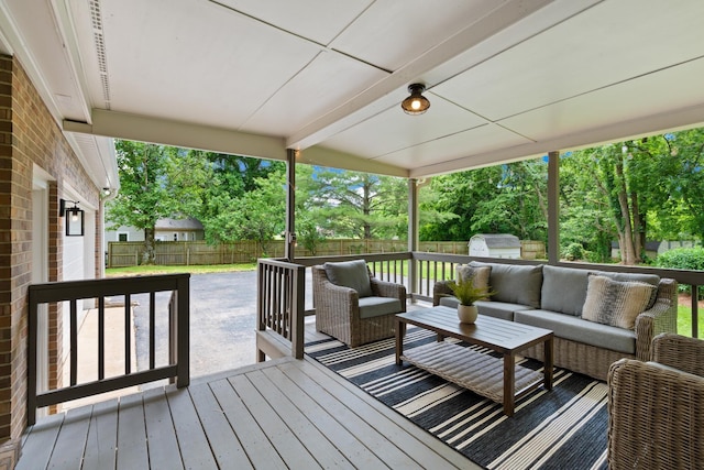 4900 Chesterfield Dr, Murfreesboro, TN 37127 - wooden terrace featuring an outdoor hangout area, a fenced backyard, and view of wooded area