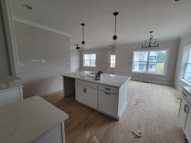 4810 Kintore, Nolensville, TN 37135 - kitchen featuring ornamental molding, light wood-style flooring, white cabinetry, a kitchen island, and hanging light fixtures