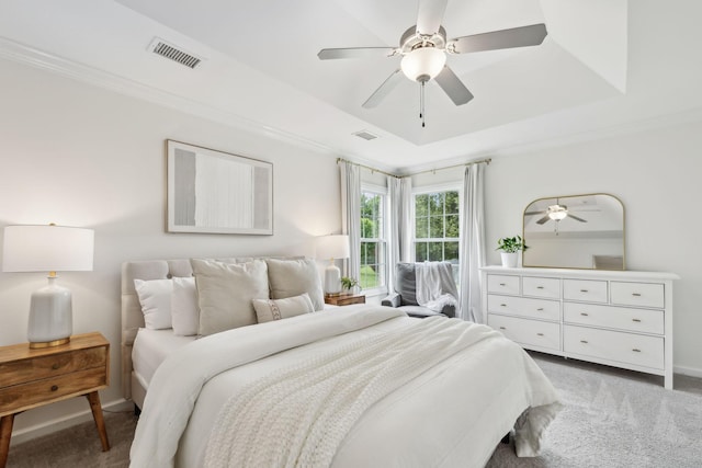 3065 Sakari Cir, Spring Hill, TN 37174 - bedroom with light colored carpet, a tray ceiling, ceiling fan, baseboards, and crown molding