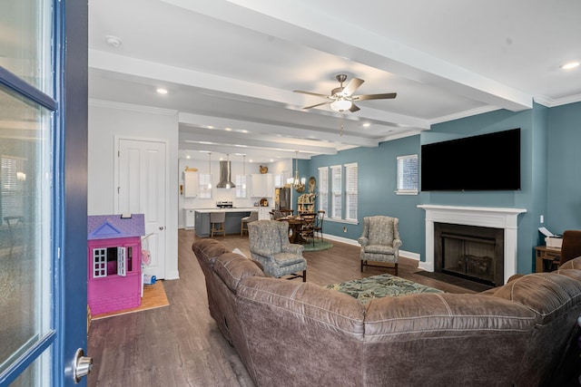1308 Belgove Aly, Antioch, TN 37013 - living room featuring ceiling fan, beam ceiling, dark wood-style floors, a fireplace with flush hearth, and baseboards