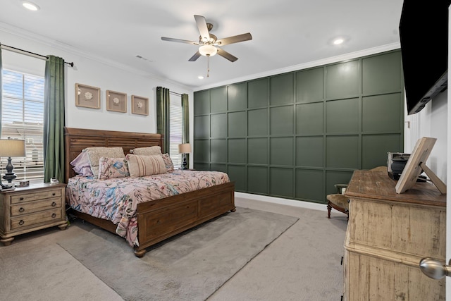 1308 Belgove Aly, Antioch, TN 37013 - bedroom featuring light carpet, ornamental molding, a decorative wall, ceiling fan, and recessed lighting