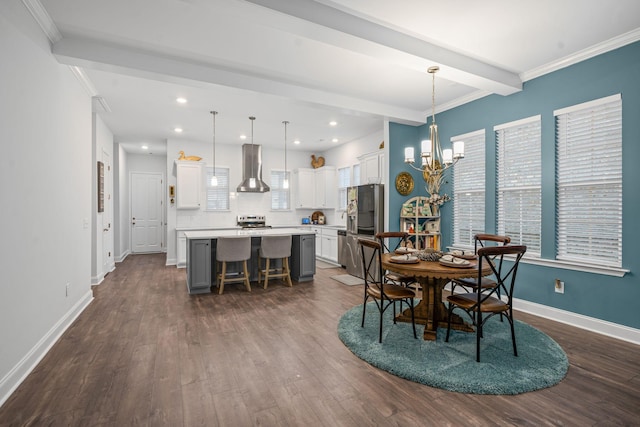 1308 Belgove Aly, Antioch, TN 37013 - dining space with a chandelier, dark wood-style flooring, baseboards, beam ceiling, and ornamental molding