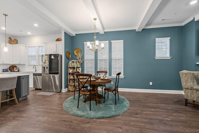 1308 Belgove Aly, Antioch, TN 37013 - dining area featuring beam ceiling, baseboards, a chandelier, dark wood-style floors, and recessed lighting